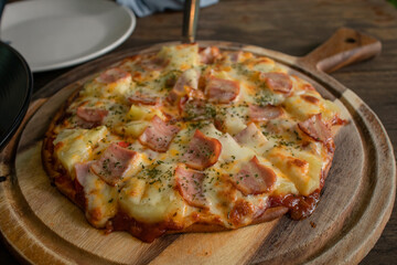 hands of colleague pizza homemade. Pizza Margarita and close up. slice pizza. half pizza homemade