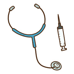 Simple hand drawn stethoscope and syringe outlined