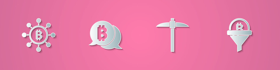 Set paper cut Blockchain technology Bitcoin, , Pickaxe and Sales funnel with bitcoin icon. Paper art style. Vector