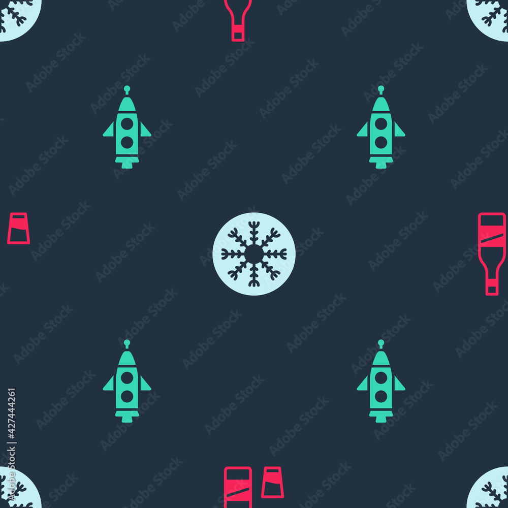 Poster set bottle of vodka with glass, snowflake and rocket ship on seamless pattern. vector