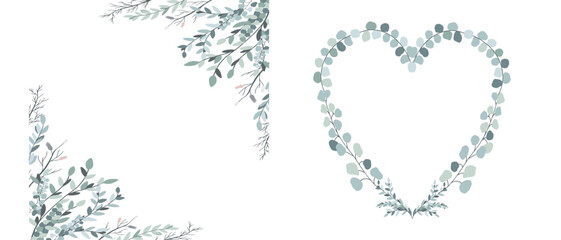 Eucalyptus square and heart frame for design wedding card. Botanic ornament with leaves, branch illustration © Mariia