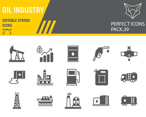 Oil industry glyph icon set, fuel production collection, vector graphics, logo illustrations, oil industry vector icons, petroleum signs, solid pictograms, editable stroke.