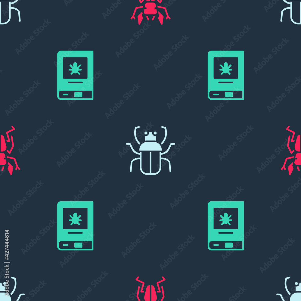 Poster set beetle deer, stink bug and book about insect on seamless pattern. vector