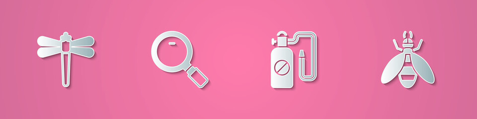 Set paper cut Dragonfly, Magnifying glass, Pressure sprayer and Bee icon. Paper art style. Vector