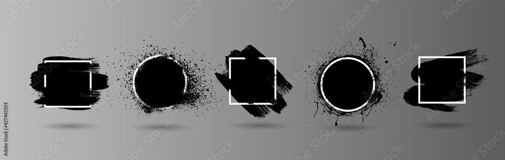 Poster Black grunge splashes stencil with frame. Graffiti spray paint, different shapes. Dirty artistic design elements with frame for text. Grunge box with ink brush strokes and spray splash. Vector set