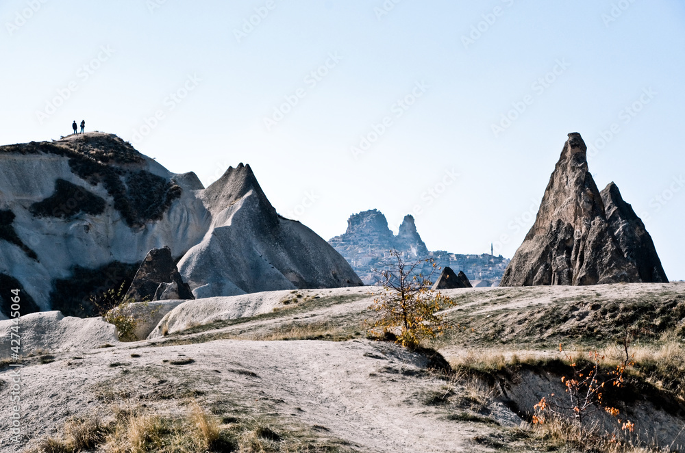 Wall mural turkey, cappadocia: scenic view of the mountains landscape with chimneys around goreme city