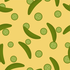 Cucumber print seamless pattern with slice. Yellow green background repeat tile