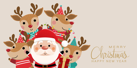 Obraz na płótnie Canvas Merry Christmas and happy new year greeting card with cute Santa Claus and deer. Holiday cartoon character in winter season. -Vector