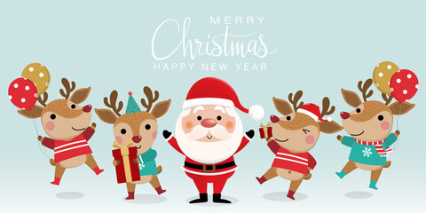 Merry Christmas and happy new year greeting card with cute Santa Claus and deer. Holiday cartoon character in winter season. -Vector
