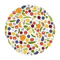 Circle logo with vegetables. Illustration tomato, pumpkin, eggplant. Organic ingredient isolated set
