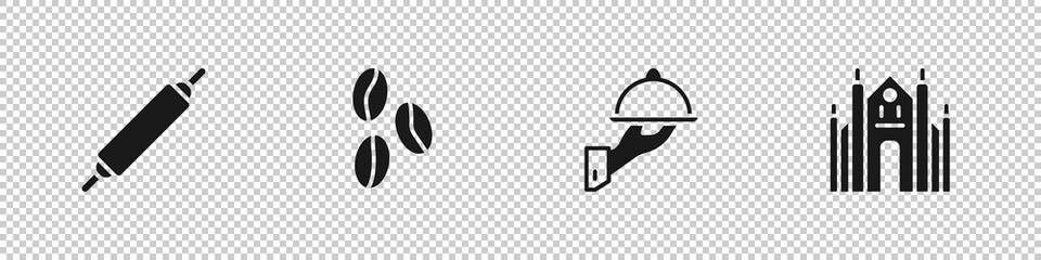 Set Rolling pin, Coffee beans, Covered with tray food and Milan Cathedral icon. Vector