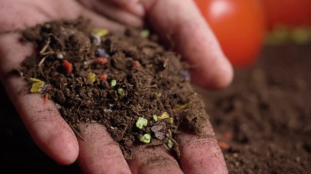 microplastics in soil. plastic waste in agricultural field. soil pollution, agriculture, tiny plastic particles are polluting soil and water, plastic in human hands