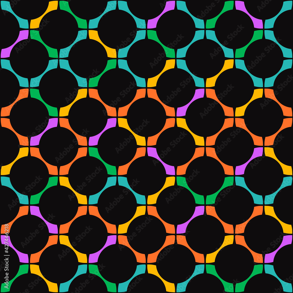 Poster colorful mosaic ornament and black circles in middle. vector mosaic pattern.