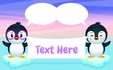 Penguins With Balloon Speech Holding Banner