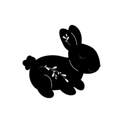 Black silhouette Baby Bunny with leafs. Little Rabbit. Cute Easter Animal. Hares Vector Kids Illustration isolated on background. Design for card, print, book, kids story