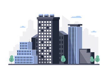 Obraz premium Urban landscape with high skyscrapers. Property owners. Vector illustration.