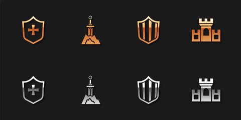 Set Shield, Sword in the stone, and Castle, fortress icon. Vector