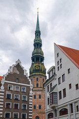 Fototapeta premium View of bell tower of St. Peter's church in the old town. Riga, Latvia..