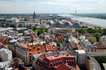 Fototapeta na wymiar Aerial panoramic view of the city, Daugava river and TV tower. Riga, Latvia.