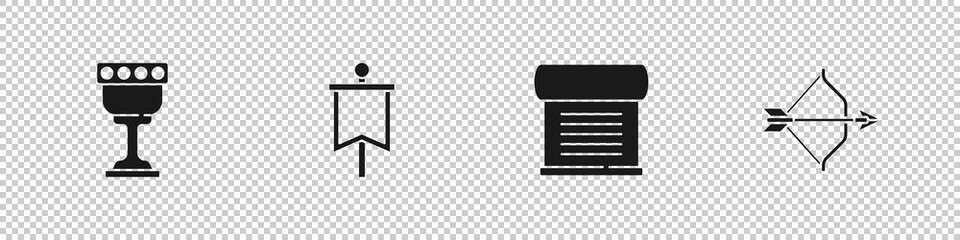Set Medieval goblet, flag, Decree, parchment, scroll and bow and arrow icon. Vector