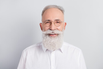 Photo of aged business man happy positive smile confident wear eyeglasses isolated over grey color background