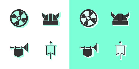 Naklejka premium Set Medieval flag, Round wooden shield, Trumpet with and Viking in horned helmet icon. Vector