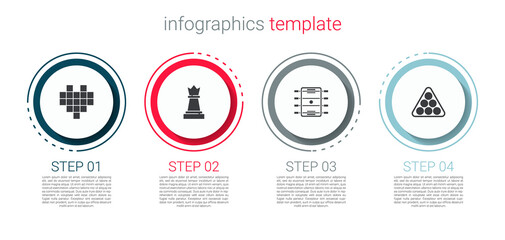 Set Pixel hearts for game, Chess, Hockey table and Billiard balls in triangle. Business infographic template. Vector