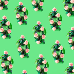 Lantern with spring flowers. Flowering. Pattern on a pastel green background.