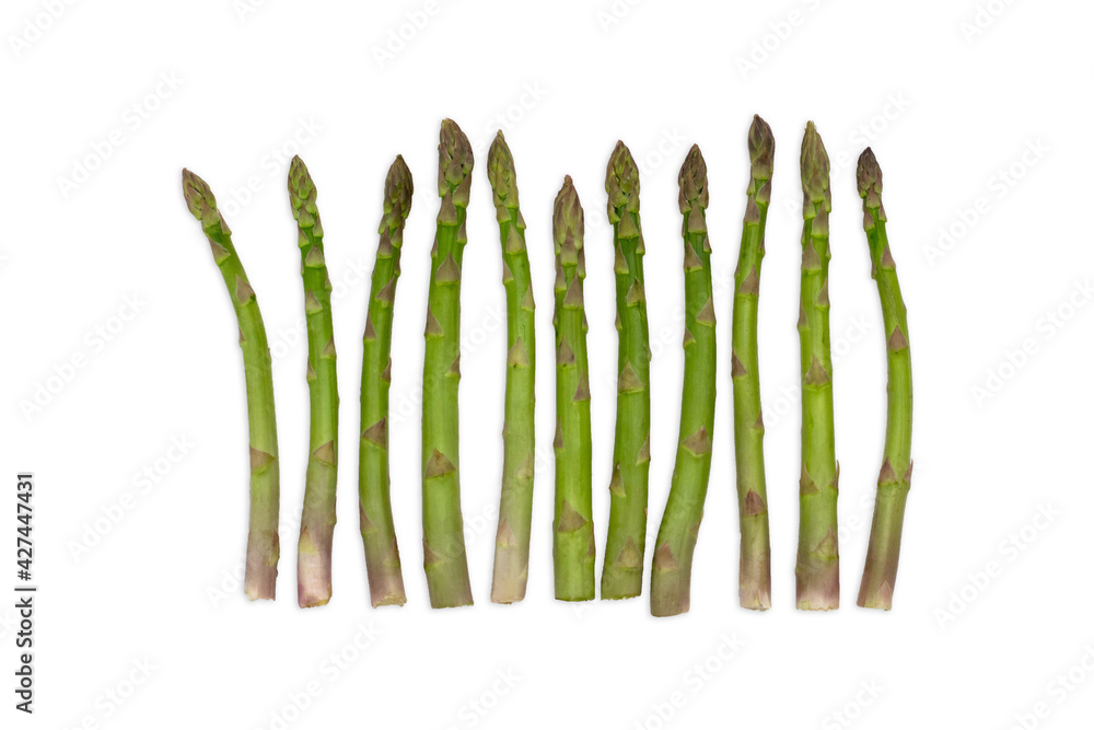 Wall mural asparagus group of green healthy vegetables organized in a row isolated on a white background as a f