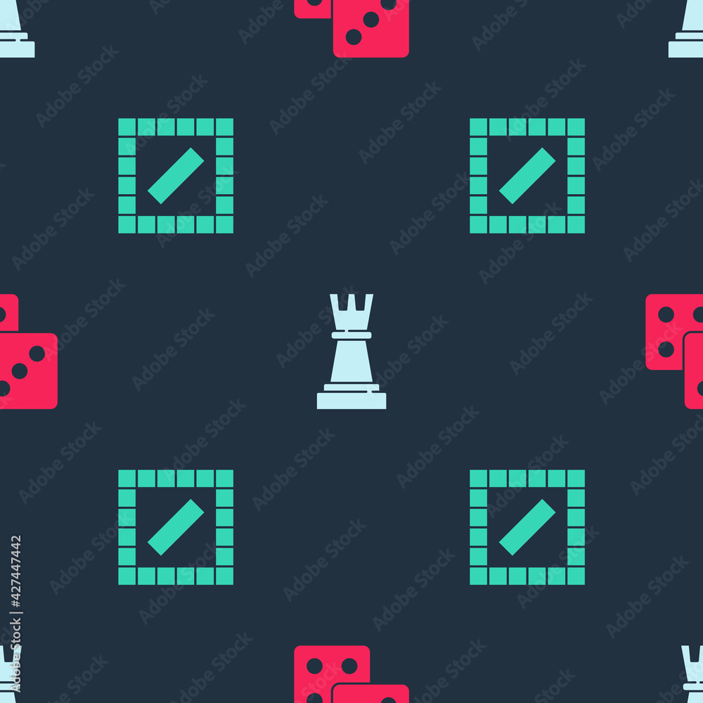 Poster set game dice, chess and board game on seamless pattern. vector