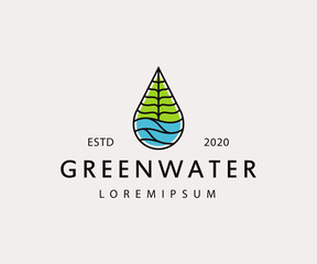 Green Water Logo Design Template. Water Leaf Icon Line Art Vector