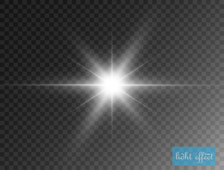 White glowing light explodes on a transparent background. Bright Star. Transparent shining sun, bright flash. Vector graphics.	