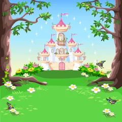 Fotobehang Sprookjeachtergrond met prinseskasteel in het bos. Kasteel met roze vlaggen, kostbare harten, daken, torens en poorten in een prachtig landschap. Vectorillustratie voor een sprookje. © liana2012