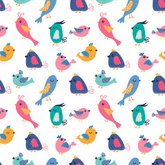 Colorful seamless pattern with cute birds in cartoon style. Bright colors on white background. Vector isolated