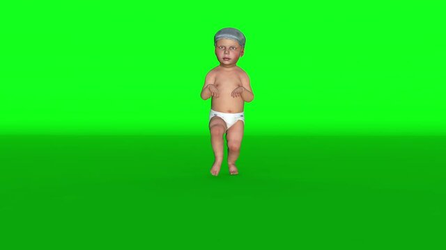 Baby with pampers tiptoe sneaking, Green Screen