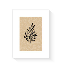 Botanical artwork poster of wall. Abstract crackle fissure in boho style earth tones with olive branches. Plants design for print, covers, wallpapers, stories and web. Minimal and natural art vector.