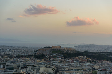 Acropolis Of Athens On Rocky Outcrop. UNESCO World Heritage Site In Greece, wide shot