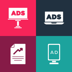 Set pop art Advertising, Document with graph chart, and icon. Vector