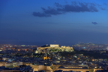 Acropolis Of Athens On Rocky Outcrop. UNESCO World Heritage Site In Greece, wide shot