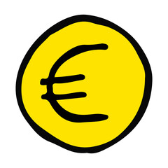 Coin with a euro sign hand drawn doodle isolated.