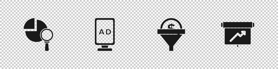 Set Magnifying glass and analysis, Advertising, Lead management and Board with graph chart icon. Vector