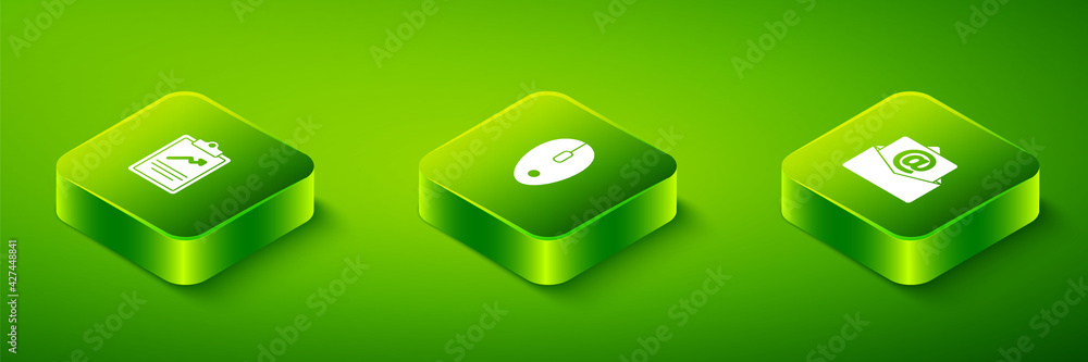 Poster set isometric computer mouse, mail and e-mail and clipboard with graph chart icon. vector