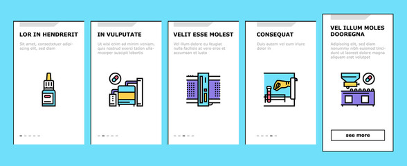 Medical Drugs Production Factory Onboarding Mobile App Page Screen Vector. Pharmaceutical Production Medicine Production Machine And Equipment Collection Illustrations