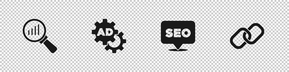 Set Magnifying glass and analysis, Advertising, SEO optimization and Chain link icon. Vector