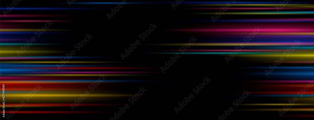 Poster abstract vector background with lights lines and text design in frame, dark backdrop with glowing comets
