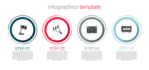 Set Location marker, Magnifying glass and analysis, Website statistic and Advertising. Business infographic template. Vector