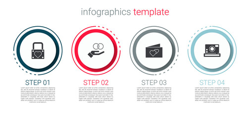 Set Lock and heart, Wedding rings, Greeting card and Photo camera. Business infographic template. Vector