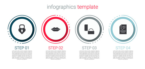 Set Castle in the shape of heart, Smiling lips, Diamond engagement ring and Greeting card. Business infographic template. Vector