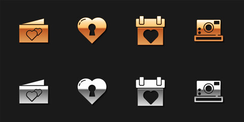 Set Greeting card, Heart with keyhole, Calendar and Photo camera icon. Vector