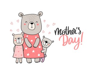 Charming doodle vector mother bear with her little children. Happy mothers day illustration for gift cards, fashion, presents and others